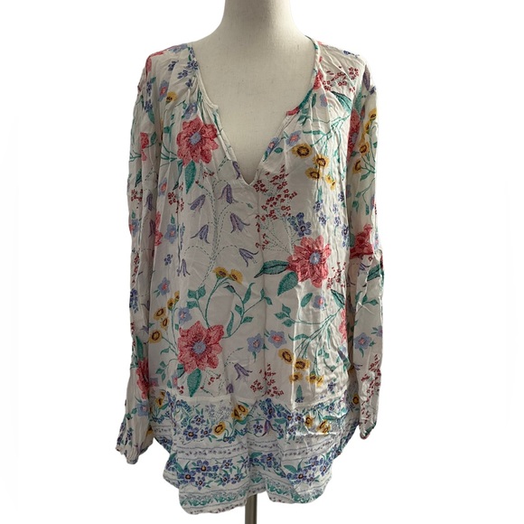 Old Navy Womens Boho Blouse Size XL Floral Print White VNeck Lightweight - Picture 1 of 8